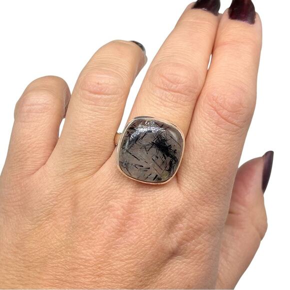 Rutilated Quartz Ring Size 11 Solid 925 Sterling Silver Black Tourmaline Rutile - Picture 3 of 9